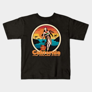 California The Golden State - Dancing Woman And Sunset Palms Kids T-Shirt